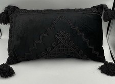 Black Velvet Embroidered Lumbar Pillow Cover Elegant Boho Tassels