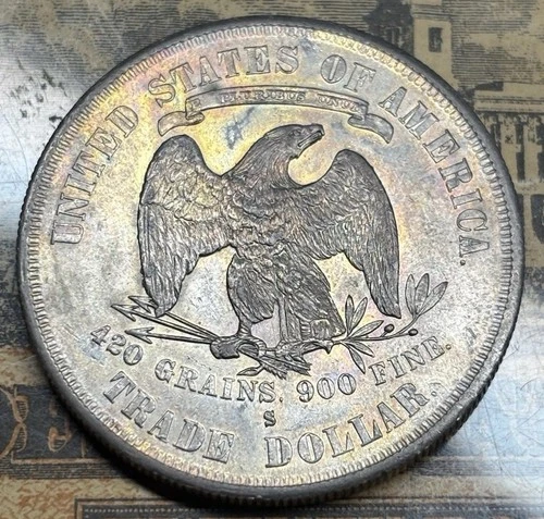 1877 S Trade Dollar Pastel Toned Nice AU /BU Strong Strike - Nice Original Coin