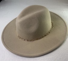Women's Tan Wide Brimmed Cowboy Cowgirl Hat w/ Gold Chained Crown One Size Read
