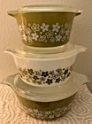 Vintage Avocado Green Spring Blossom Green Pyrex 3 Each Casserole Set with Lids.