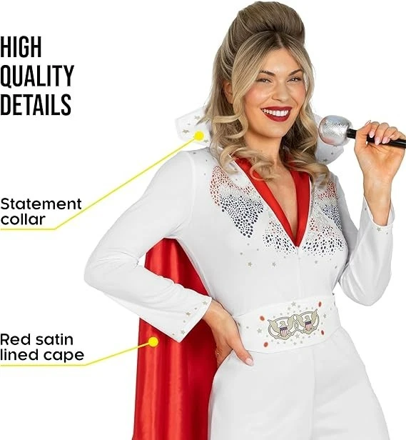 Women`s Elvis Rockstar Costume The King Las Vegas Disco Jumpsuit S-XL Halloween - Image 4 of 4