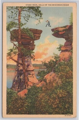Postcard  Man Jumping onto Stand Rock Geological Formation Wisconsin Dells  N21