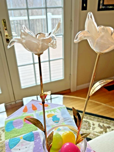 Vintage Murano White Glass Trumpet Flower Hand Blown 20" Long Stem Lot of 2