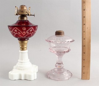 Antique 19thC Atterbury Red Cut to Clear Glass & Pattern Glass Oil Lamps NR