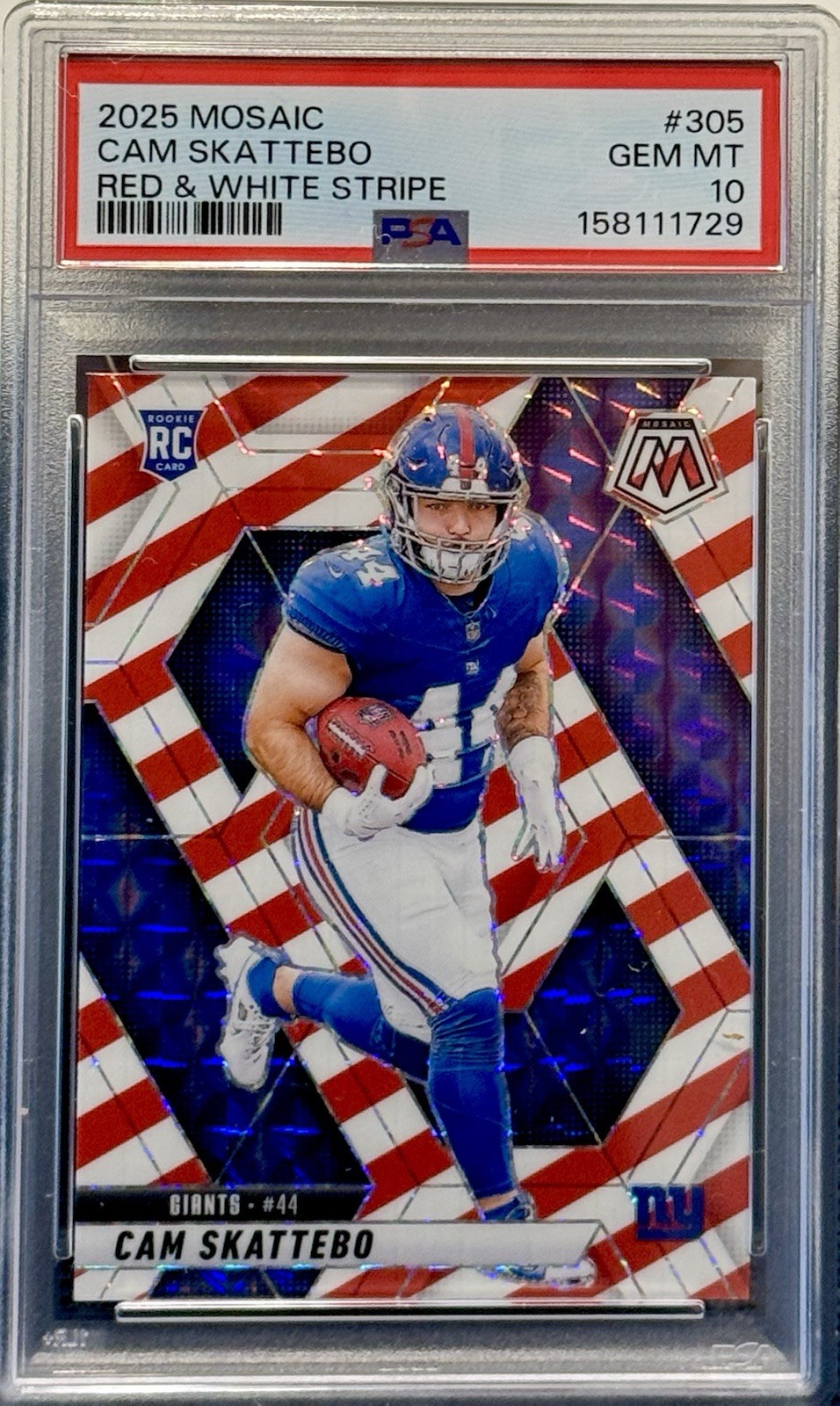 2025 Mosaic Cam Skattebo Rookie Card #305 RED & WHITE STRIPE 💎PSA 10💎 RC
