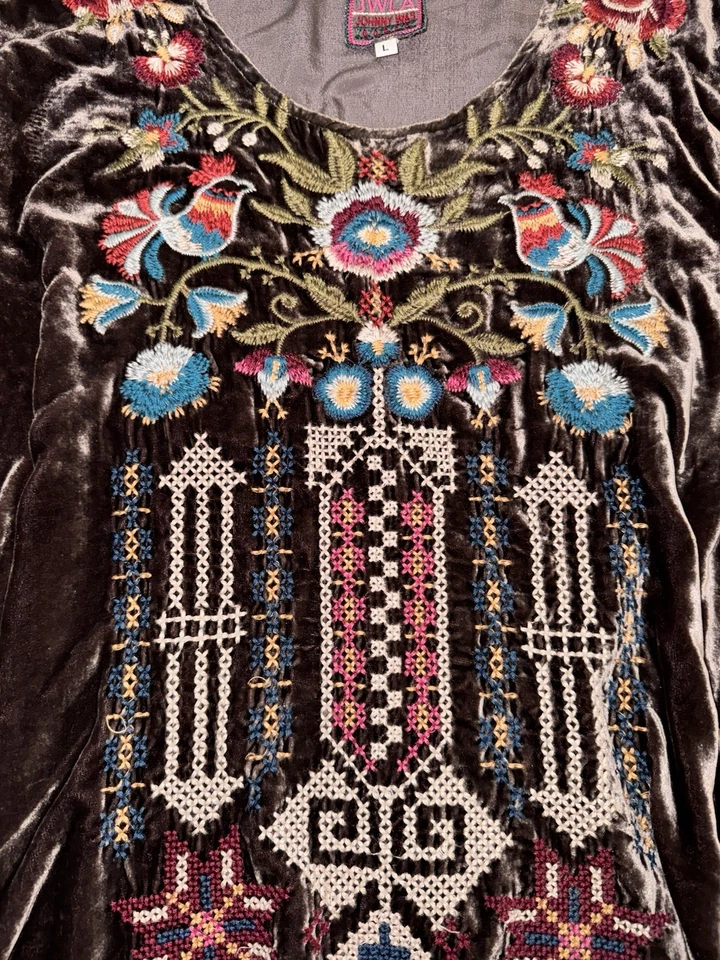 JOHNNY WAS JWLA DANI VELVET BOHO EMBROIDERED BLOUSE TUNIC TOP Brown Womens L - Image 3 of 4