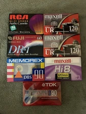 Lot of 8 Sealed Blank Tapes Cassette & Hi8 – Maxell Fuji TDK Memorex RCA