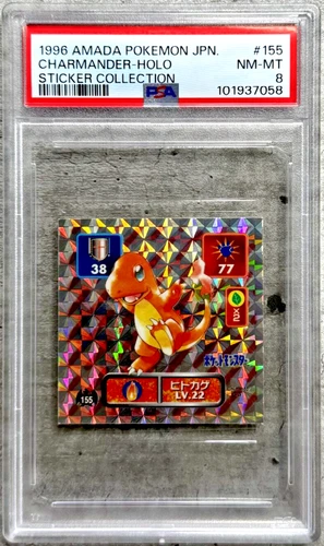 Pokémon Amada Japanese Charmander Holo PSA 8, Sticker Collection #155, 1996
