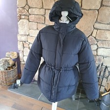 H&m Divided Hooded Puffer Coat Black Size S Drawstring Waist Bnwt