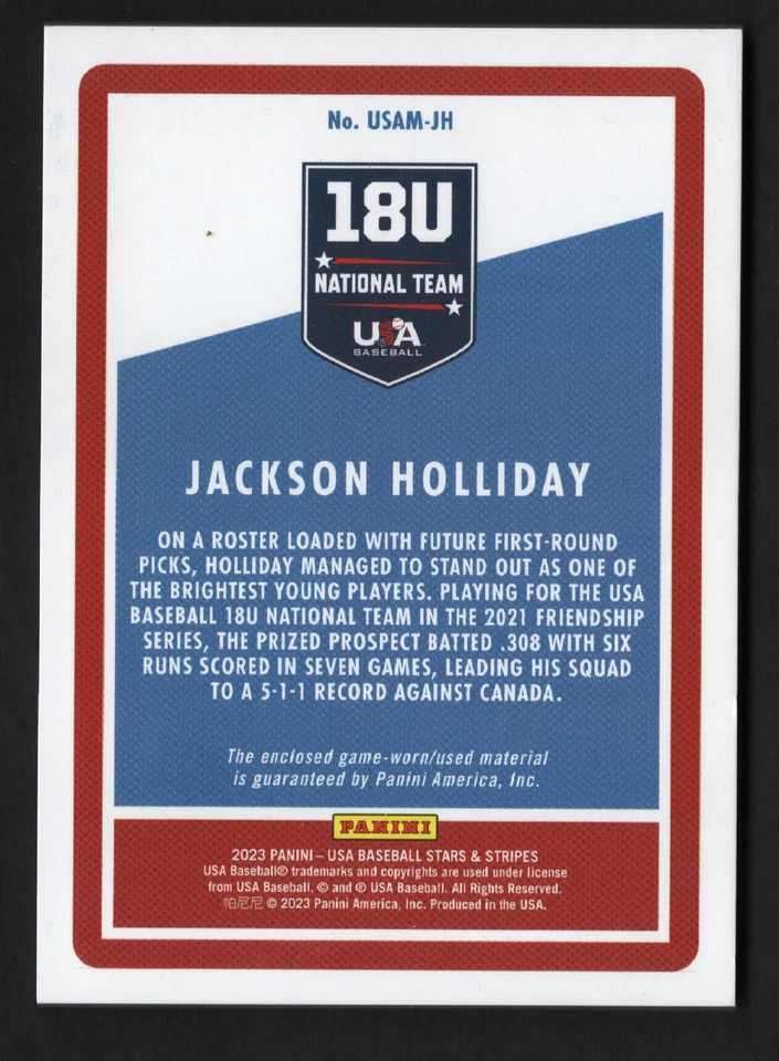2023 Panini Stars & Stripes Jackson Holliday /50 Team USA Game Used Jersey Relic - Image 2 of 2