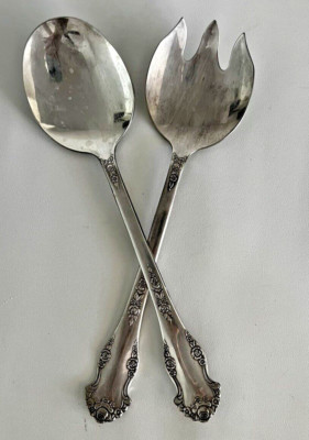 Large Silverplate Ornate Salad Serving Spoon Fork Set Silverware 12'' Victorian