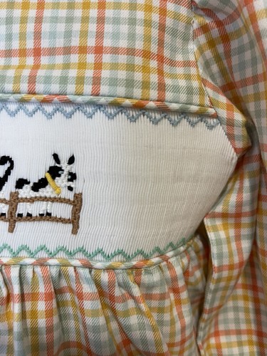 Southern Taters nuovo con etichette ragazza top smocked taglia 6 senape corallo plaid fattoria animali fienile - Foto 8 di 11
