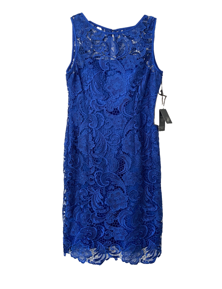 adrianna papell blue lace dress Blue Wave Short Sleeve Belted Lace Midi Dress main image 1