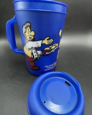 Lamberts Cafe Travel Mug Cup 32 Oz Blue w Lid Home of Throwed Rolls Aladdin USA