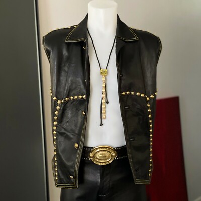 GIANNI VERSACE black leather vest w/ gold tone studs from F