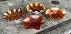 Lot of 4 Vintage Marigold Orange Carnival Glass Ruffled Bowls Flowers, Leaves