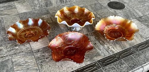Lot of 4 Vintage Marigold Orange Carnival Glass Ruffled Bowls Flowers, Leaves