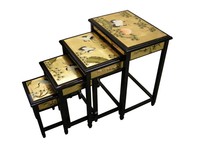 Oriental Furniture - Gold Lacquer Nest Of Tables Crane Design Oriental Furniture - Gold Lacquer Nest Of Tables Crane Design