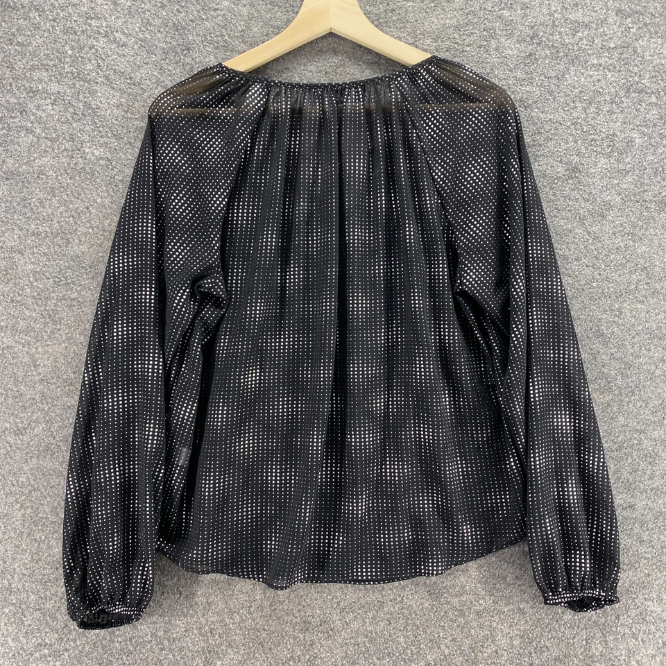 Jennifer Lopez Blouse Women S Small Black Geometric V-Neck Long Sleeve Tasseled - Image 2 of 4