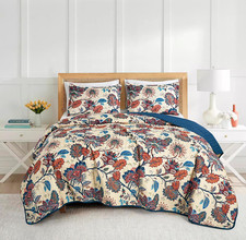 Paradise 3-Piece Floral Quilt Set Queen - Multicolor Blue Red Orange Cream Print