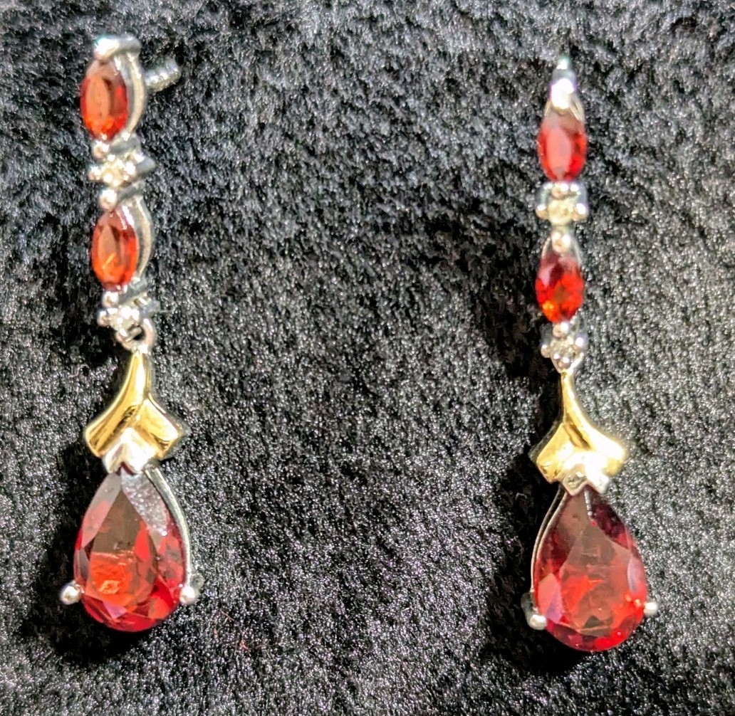 Zales Garnet & Diamond  Dangle Earrings in  Sterling Silver and 14k Very Elegant
