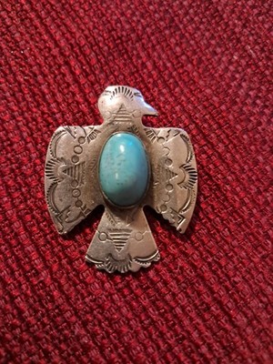 Native American Style Sterling Silver Turquoise Cabochon Thunderbird Pin Brooch