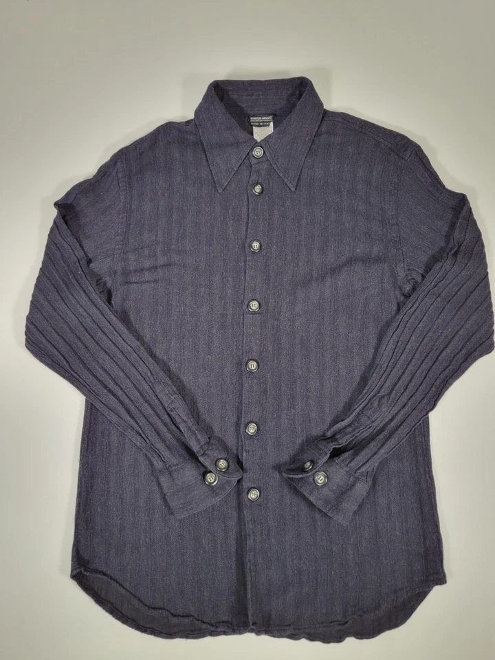 Vintage Giorgio Armani Blue Ribbed Herringbone Shirt 39 M Slim Long Sleeve Rare - Image 2 of 4