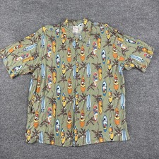 Vintage Disney Store Shirt Mens L Green Hawaiian Camp Button Up Surf Rayon AOP
