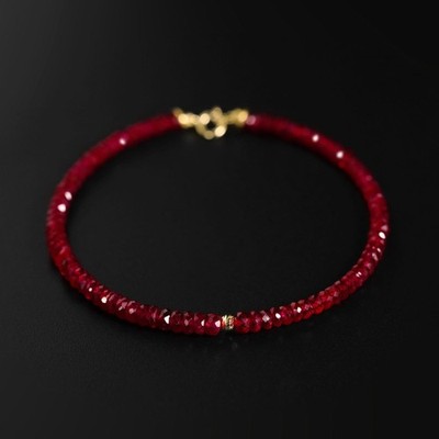 18K Gold Pigeon Blood Ruby Bracelet, Natural Red Gem Beaded Bracelet, Dainty