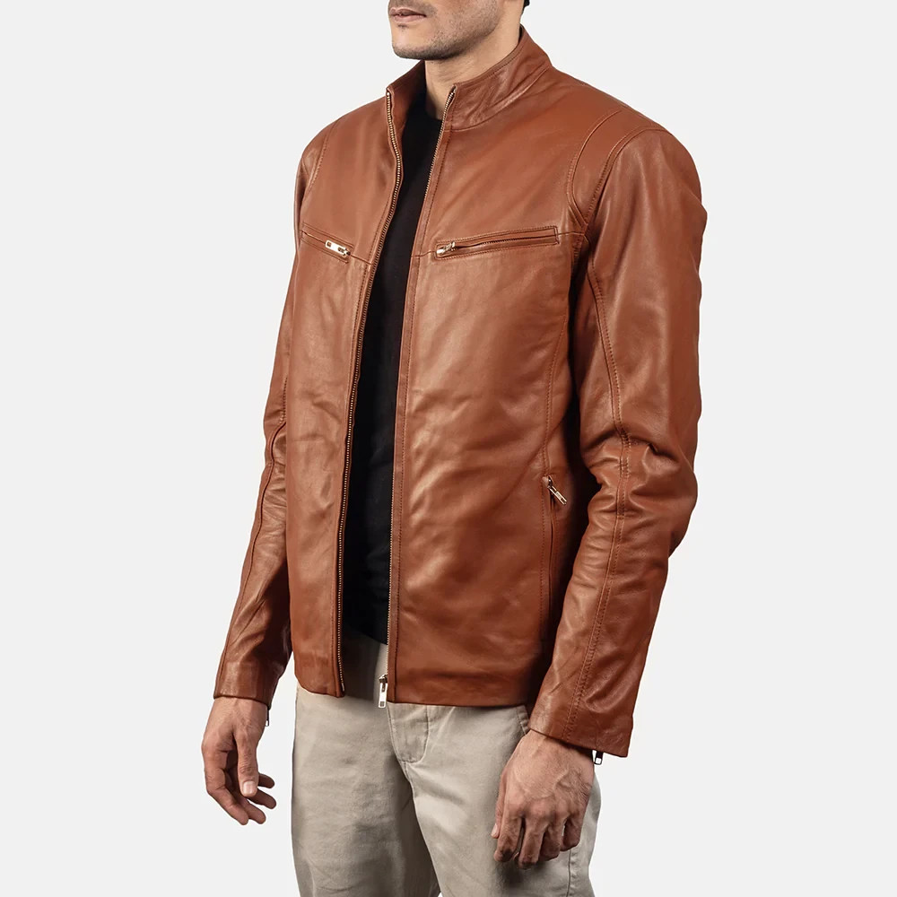 Men’s Brown Leather Jacket Slim Fit Stand Collar Casual Biker Style image 2