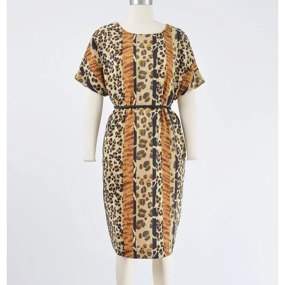 Vestido recto vintage años 90 seda rayas estampado animal leopardo marrón y negro M L Foto 4 de 4