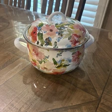 Crofton 4 Qt Enameled Steel Pot Floral Lid Double Handles Cookware