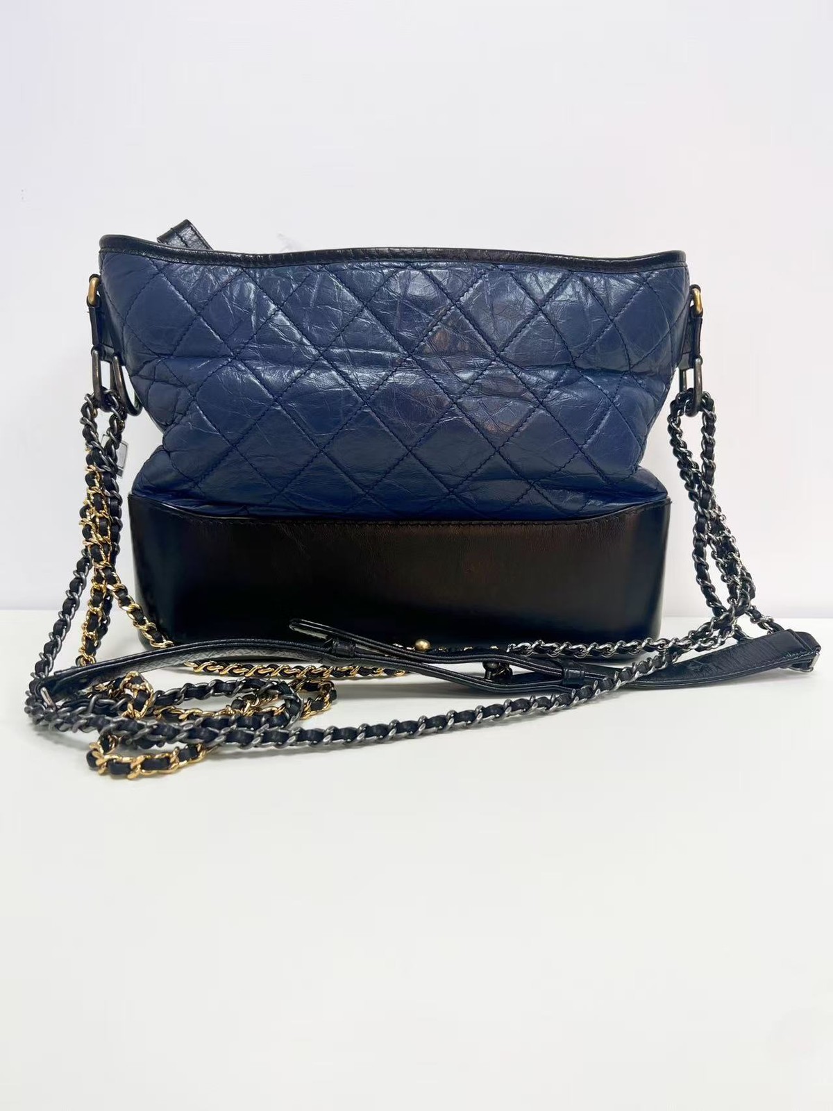 Chanel Gabrielle Medium Hobo Bag Navy Blue Black Aged Calfskin Quilted Two-Tone