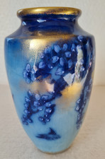 Antique George Jones Crescent Potteries Vase - BIRDS & BLOOM Pattern Gold & Blue