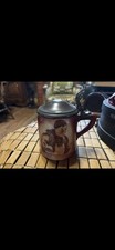 Antique Hand Painted German Beer Stein w/ Pewter Lid Red Slip 1890–1930