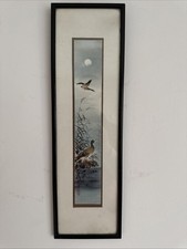 Japanese Style Bird Print on Textured Washi Paper Framed Mid Century