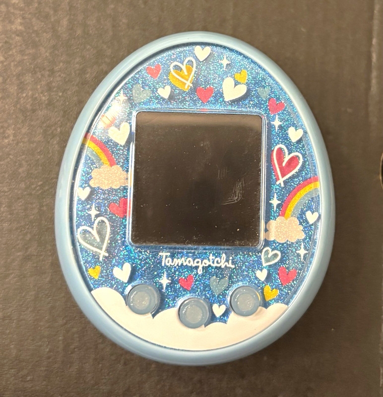 Bandai Tamagotchi Virtual Pet Device Blue Glitter Hearts Rainbow Shell 2018
