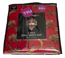 Ed Hardy 6-Pc Leopards & Tigers in Different Poses Brick Rusty Red Sheet Set NIP