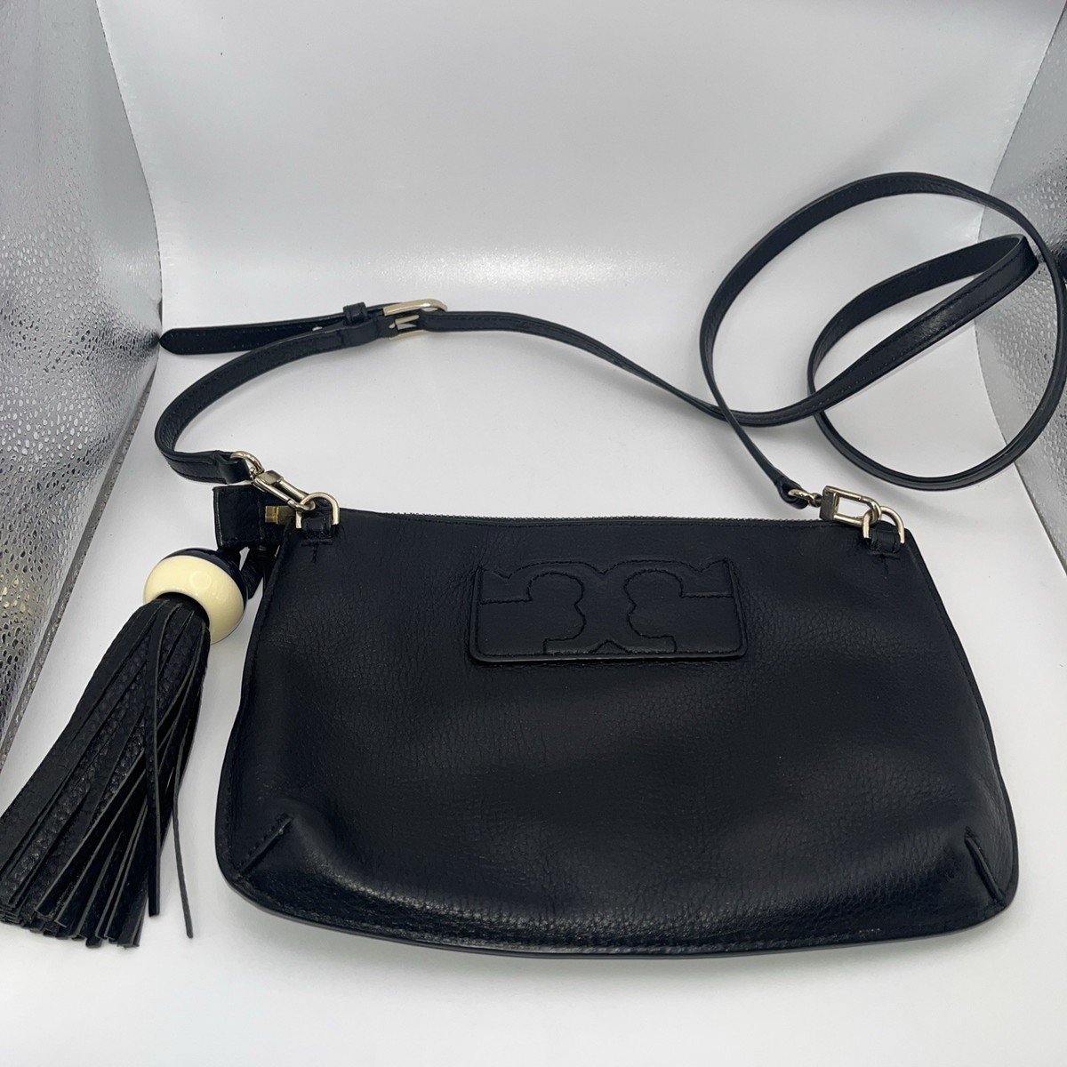 TORY BURCH レザーショルダーバッグ Tory Burch Crossbody Miller Tassel Black Pebble Leather, Shoulder