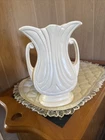 Hull Pottery Mardi Gras double-handle vase in a cream/white matte glaze.