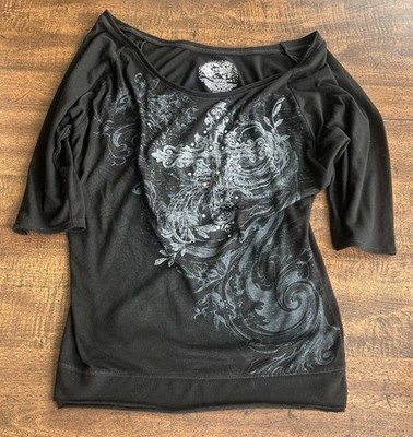 Y2K Stranded Streetwear Cross Rhinestone Top M Black 3/4 Sleeve Mall Goth Emo