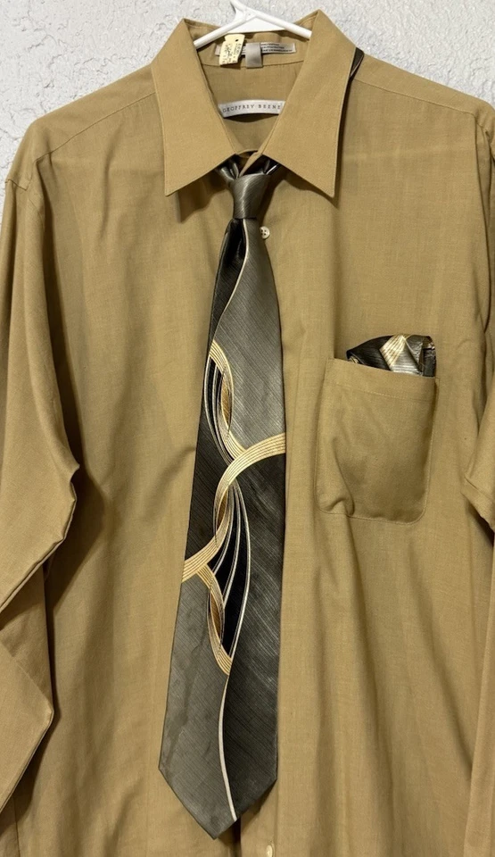 Camisa de Vestir Geoffrey Beene Marrón Dorado 18 34/35, George Foreman Seda Corbata Cuadrada Foto 2 de 4