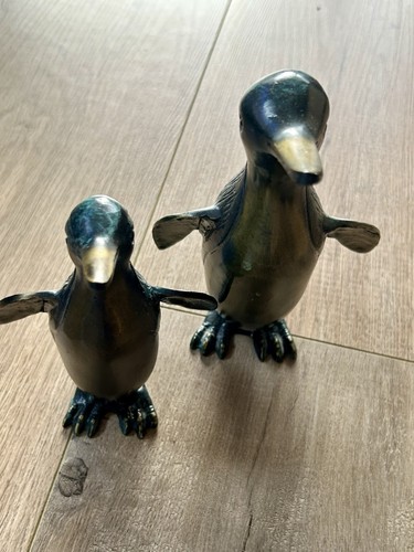 Heavy Solid Brass Penguin Figurines Set Vintage Patina Parent Baby Mid Century