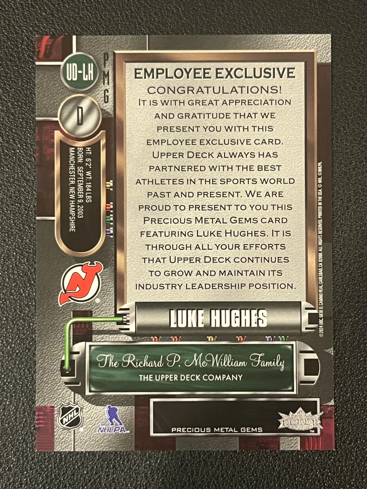 Luke Hughes 2024 Upper Deck Employee Exclusive Precious Metal Gems PMG - Image 2 of 2
