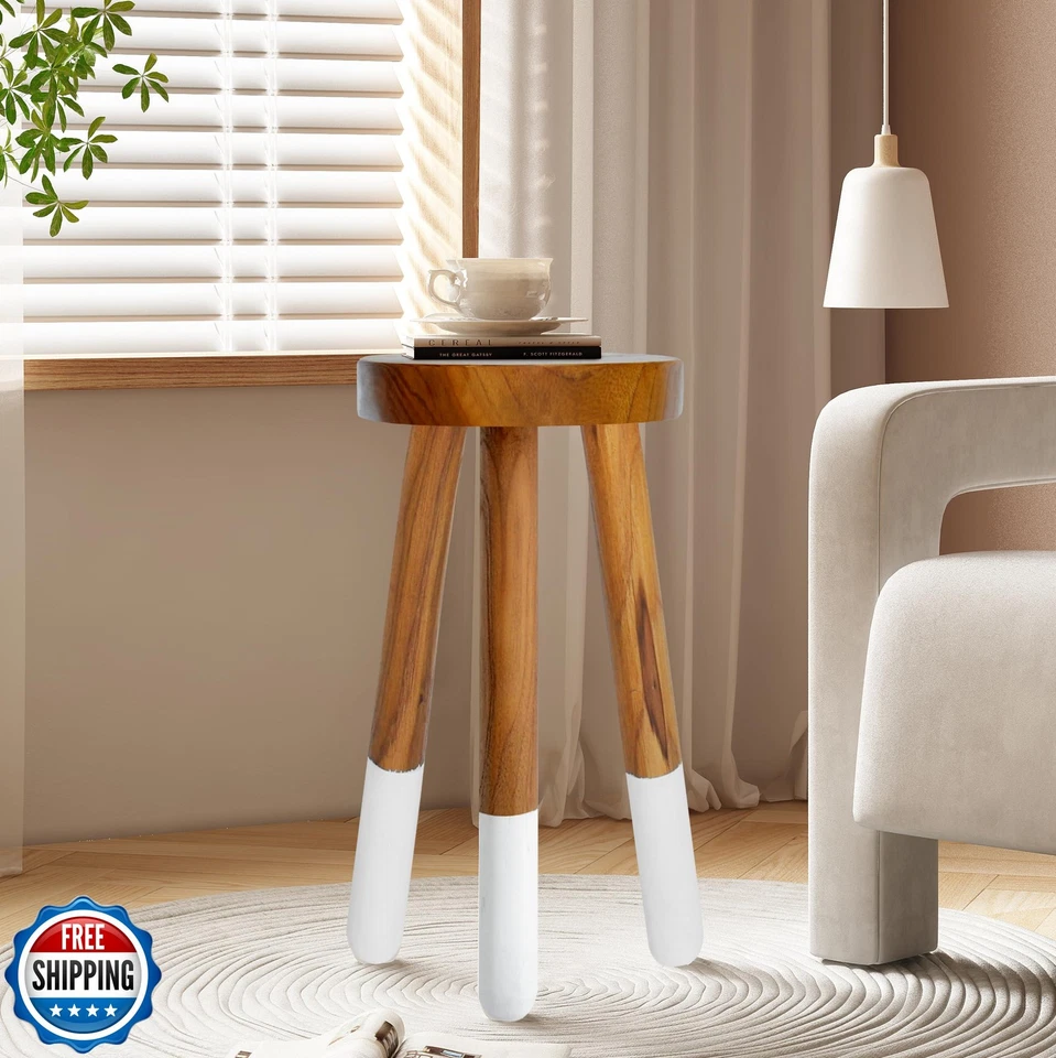 Taburete redondo de teca teñido por inmersión JOLLYMER 11,8" | Mesa auxiliar con detalles de madera | Madera Foto 4 de 4