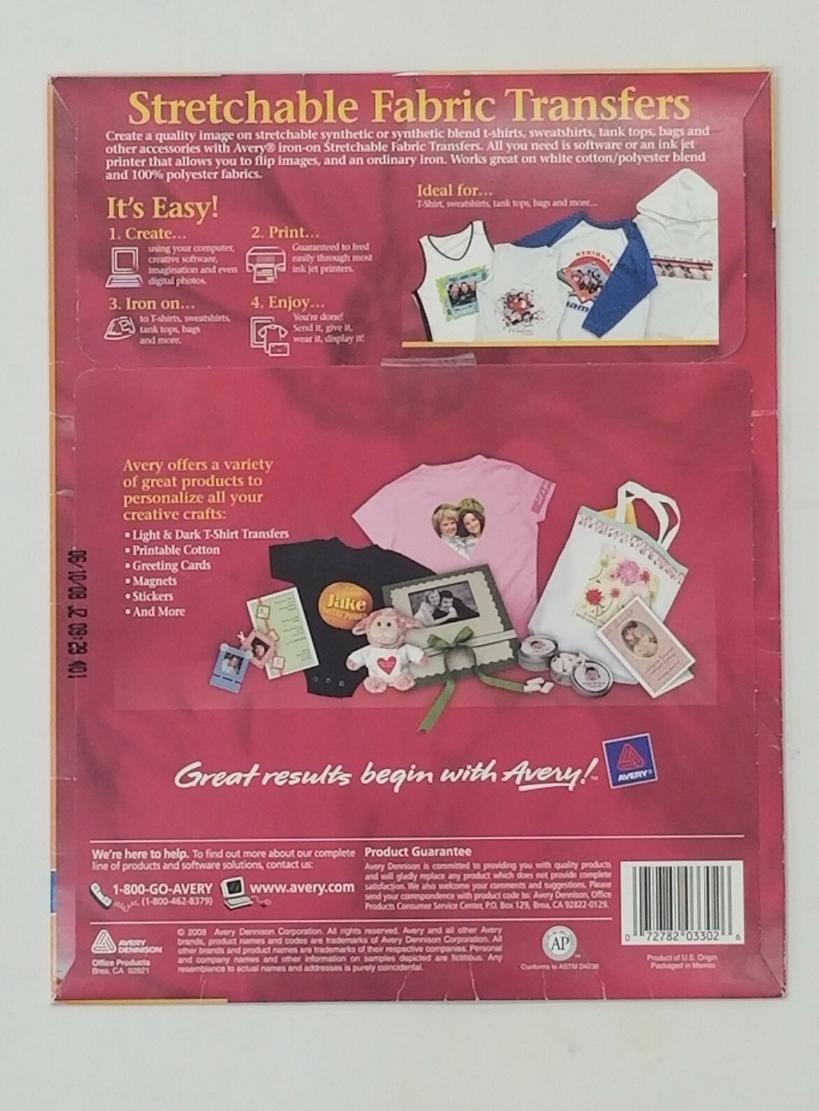AVERY 3302 PRINTABLE STRETCHABLE TRANSFER SHEETS 5PC print on tshirts t ...