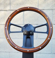 14 Black Tri Spoke Billet Steering Wheel Mahogany Grip Real Aluminum Rivets 14 Black Tri Spoke Billet Steering Wheel Mahogany Grip Real Aluminum Rivets