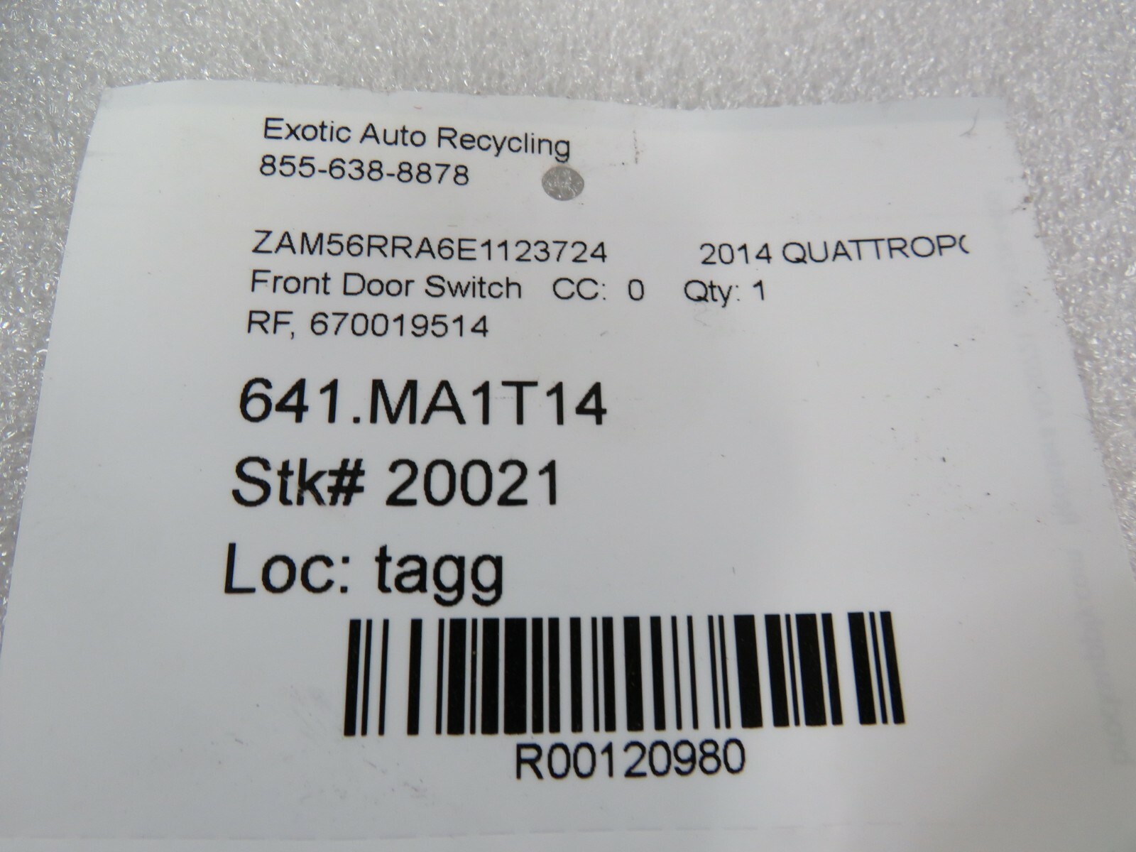 Maserati Quattroporte, RH, Right, Front Door Window Switch, Used, P/N 670019514