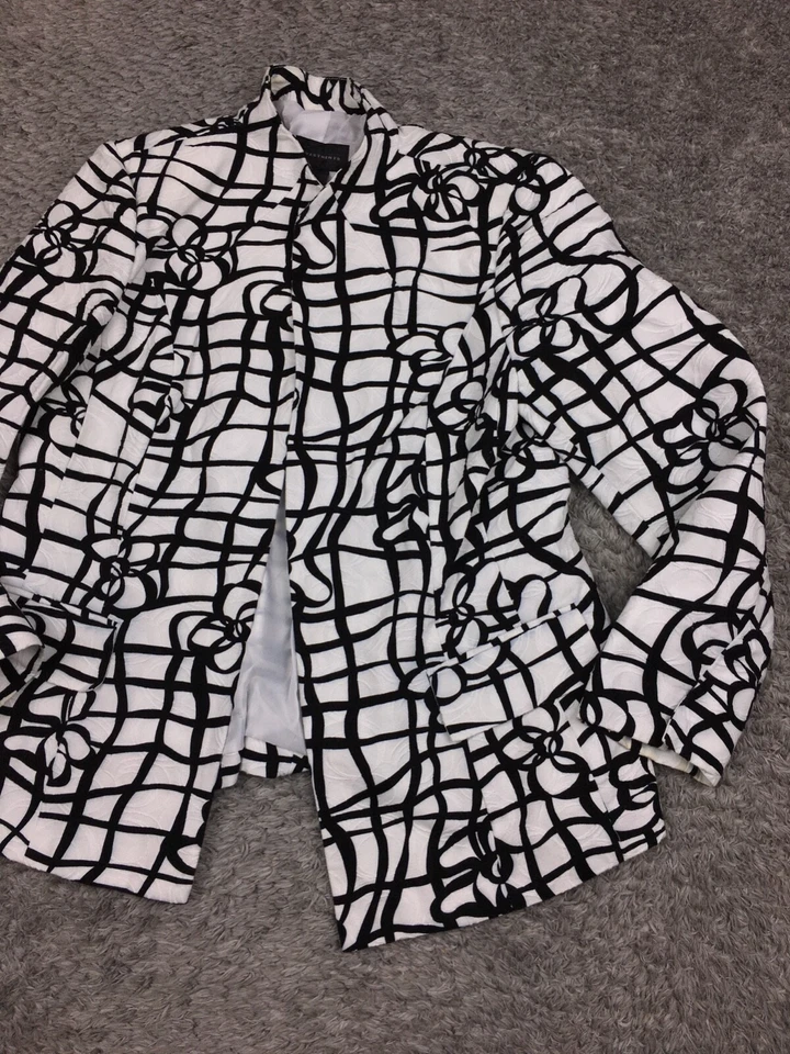 Investments Open Front Jacket Womens Size 14 White Black Design Cotton - Image 2 of 4