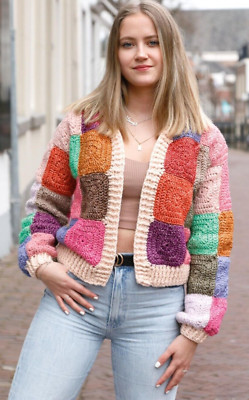 Häkelanleitung Kopie Damen Granny Square Cropped Grobstrickjacke 32 - 46'' 778F